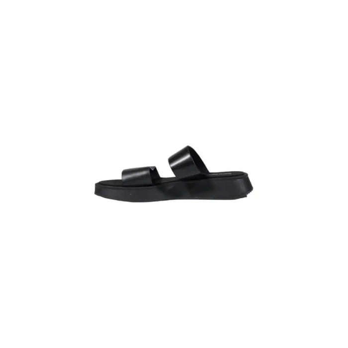 Black leather platform slide sandal displayed on a product page highlighting stylish footwear