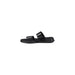 Black leather platform slide sandal displayed on a product page highlighting stylish footwear