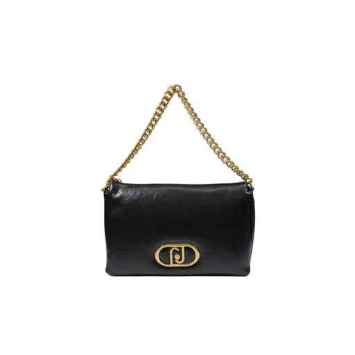 Black leather shoulder bag featuring a stylish gold chain accessory