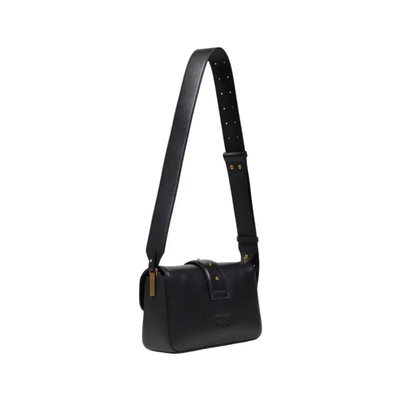 Black leather shoulder bag by Pinko with gold-tone hardware and perforated crossbody strap featuring interior pockets