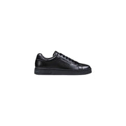 Black leather low-top sneaker with white laces and sole, calvin klein brand.