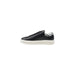 Black leather sneaker with patterned heel and white sole, stylish footwear for men