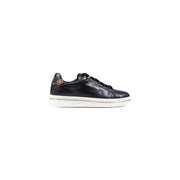 Guess black women fall winter polyurethane lace-up sneakers with black leather, white soles, and gold accents