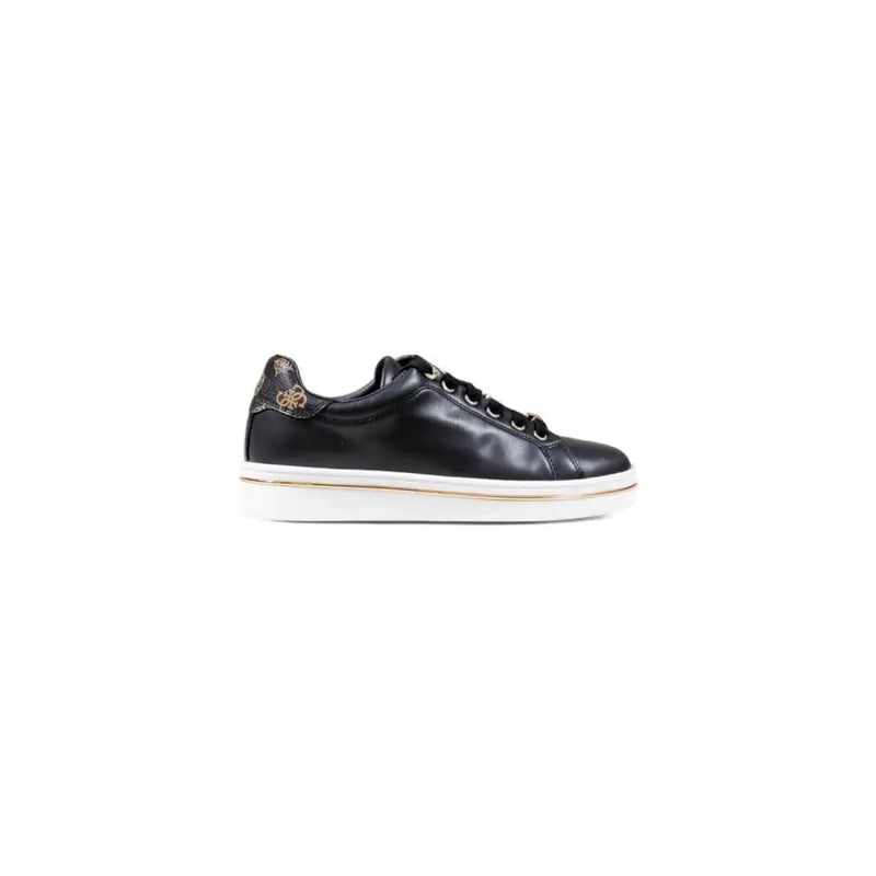 Guess black women fall winter polyurethane lace-up sneakers with black leather, white soles, and gold accents