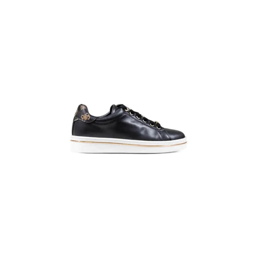 Guess black women fall winter polyurethane lace-up sneakers with black leather, white soles, and gold accents
