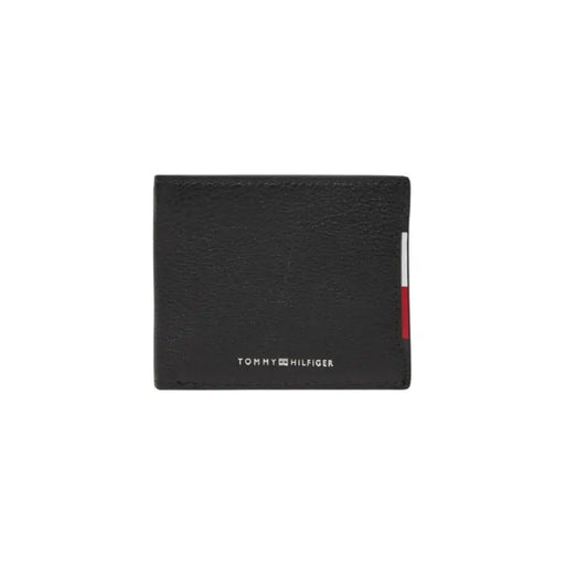 Black leather Tommy Hilfiger wallet displayed with the product name Tommy Hilfiger Black Leather Wallet