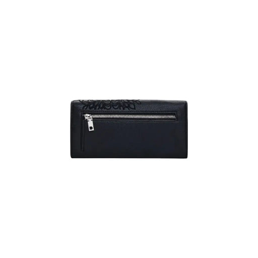 Black leather wallet with floral design and zipper for elegant organization