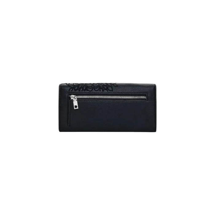Black leather wallet with floral design and zipper for elegant organization