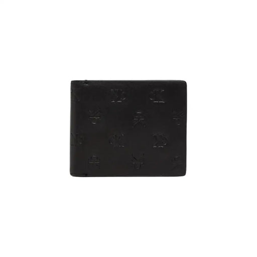 Black leather wallet featuring embossed symbols and a sophisticated pattern