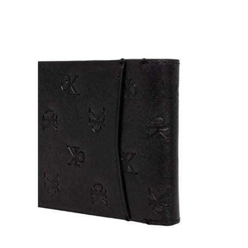 Black leather wallet featuring an embossed logo pattern for a sophisticated look