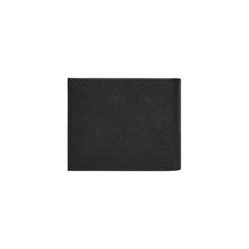 Black leather textured wallet with logo displayed in a product image