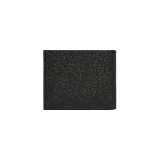 Black leather textured wallet with logo displayed in a product image