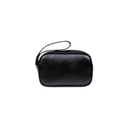 Black leather wristlet bag and toiletry pouch combination for stylish organization