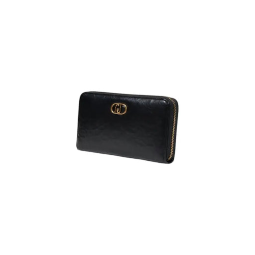Black leather zip-around wallet with gold logo, showcasing stylish and secure design