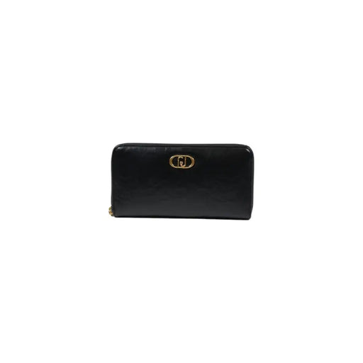 Black leather zip-around wallet featuring a gold logo for elegant storage