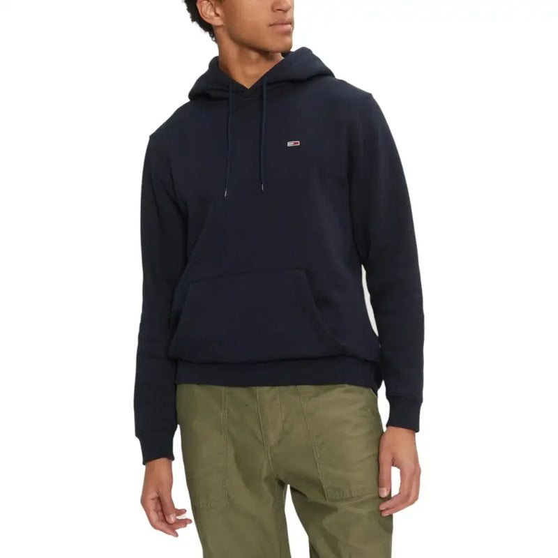 Dark blue hooded sweatshirt with front pouch pocket and drawstring hood for men