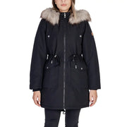 Black long hooded women’s winter jacket with plush light brown fur-lined hood silver-toned zipper accents and pockets