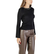 Black long-sleeve ribbed knit sweater with delicate rhinestone neckline for women