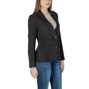 Black long sleeve tailored blazer with lapel collar and two front buttons in sleek modern design