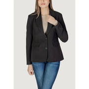 Black long sleeve tailored blazer with lapel collar, notched lapels, two front buttons, and front pockets