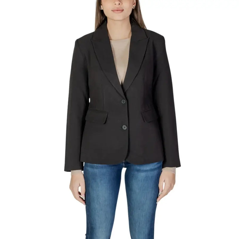 Black tailored long sleeve blazer with notched lapels two front buttons and front pockets for formal wear