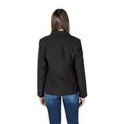 Black long sleeve blazer for women with lapel collar, front pockets, classic tailored fit, and subtle stitching details