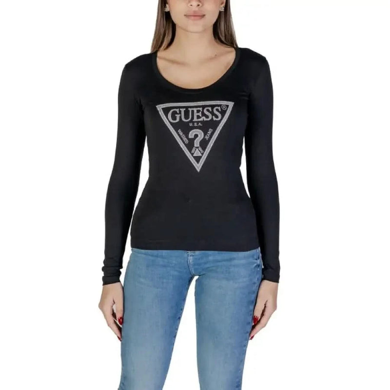 Black long-sleeve Guess T-shirt featuring silver triangle logo on front