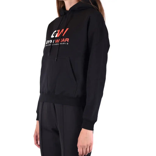 Black Cotton Hooded Sweatshirt with Front Pouches for Women by Balenciaga