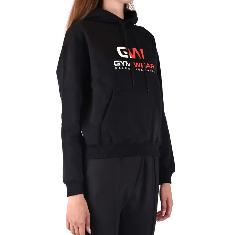 Black Balenciaga Women cotton hooded sweatshirt with front pockets and GYM WEAR BALENCIAGA PARIS graphic