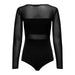 Black long-sleeved mesh bodysuit ideal for stylish and comfortable layering