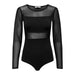 Black long-sleeved mesh bodysuit featuring a stylish and modern design for versatile wear