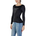 Black long-sleeved sweater featuring a sparkly triangle logo by Guess Women