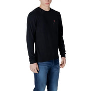 Black long-sleeved Napapijri Men’s Cotton Round Neck Sweatshirt displayed on a gray background