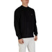 Black long-sleeved crew neck sweater displayed in a product image for fashion apparel