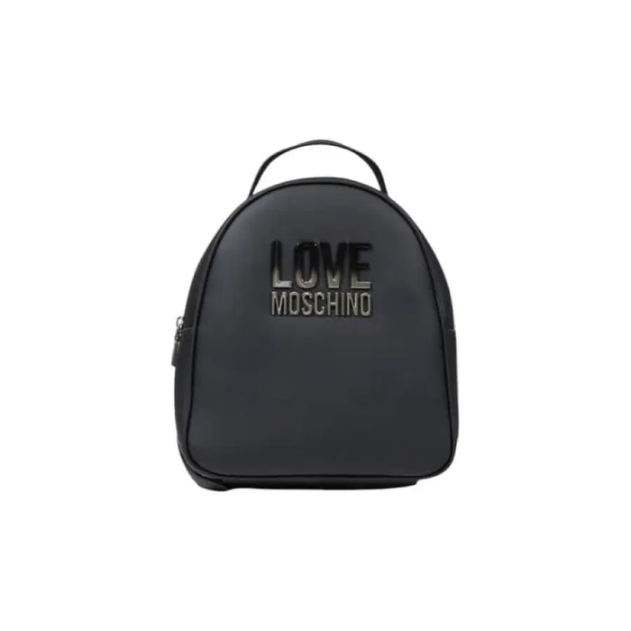 Black Love Moschino backpack displayed with a white mini backpack featuring Love Moschino text