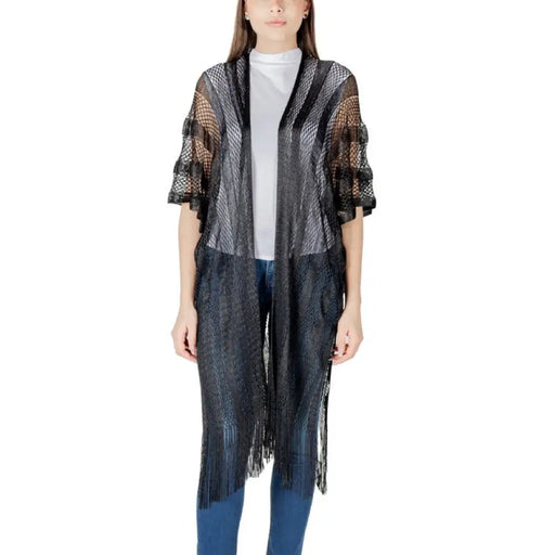 Black mesh kimono with fringe detail from the Black Mesh Fringe Cardigan and Kimono collection