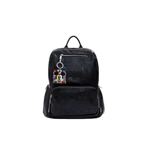Black Leather Mickey Mouse Backpack with Silver Zippers shown in the image