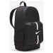 Black Nike backpack featuring a white swoosh logo and front pocket for practicality