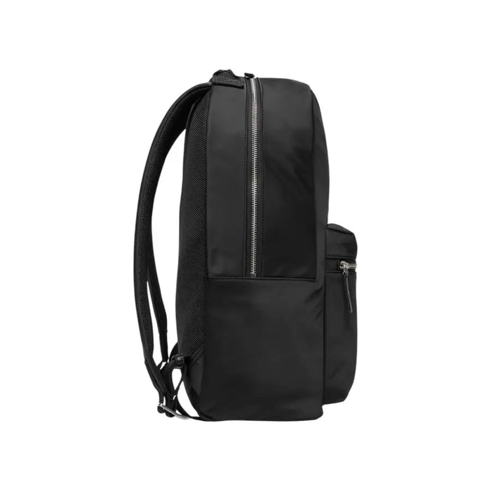 Black nylon backpack with adjustable straps shown in the product image