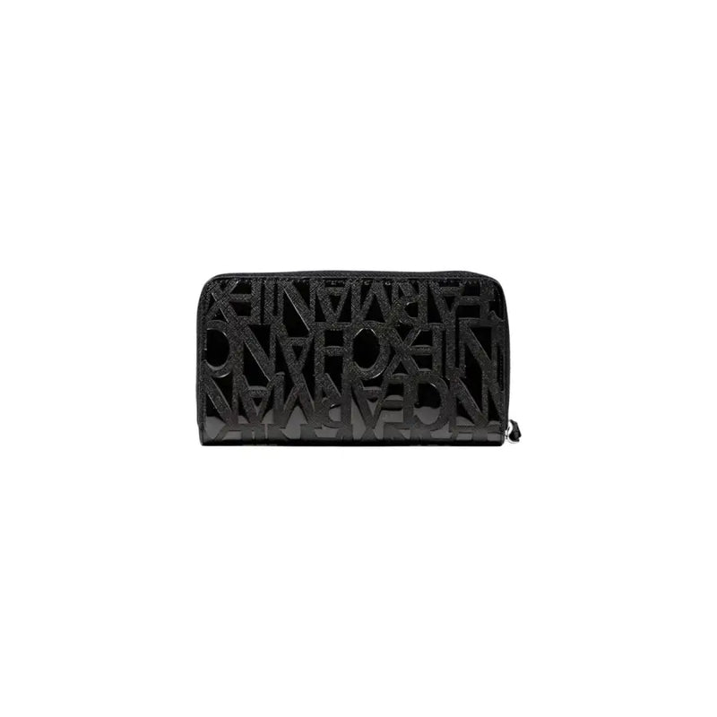 Black patterned Armani Exchange wallet with wrist strap and embossed lettering