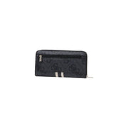 Black Guess wallet with white stripes, intricate pattern, and wrist strap for stylish use