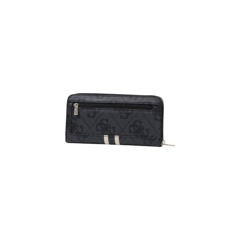 Black Guess wallet with white stripes, intricate pattern, and wrist strap for stylish use