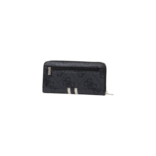 Black Guess wallet with white stripes, intricate pattern, and wrist strap for stylish use