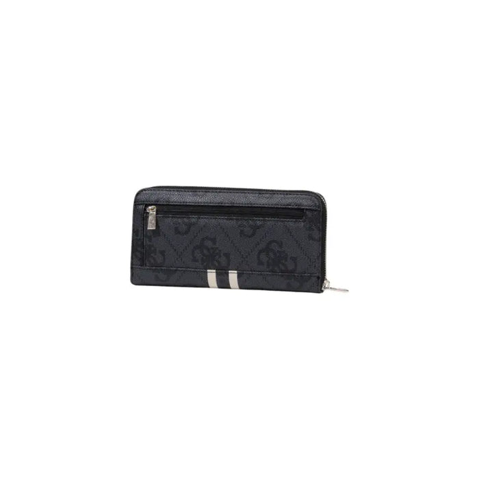 Black Guess wallet with white stripes, intricate pattern, and wrist strap for stylish use