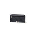 Black Guess wallet with white stripes, intricate pattern, and wrist strap for stylish use