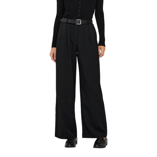Black pinstripe wide-leg polyester trousers for women with high waist and pleats