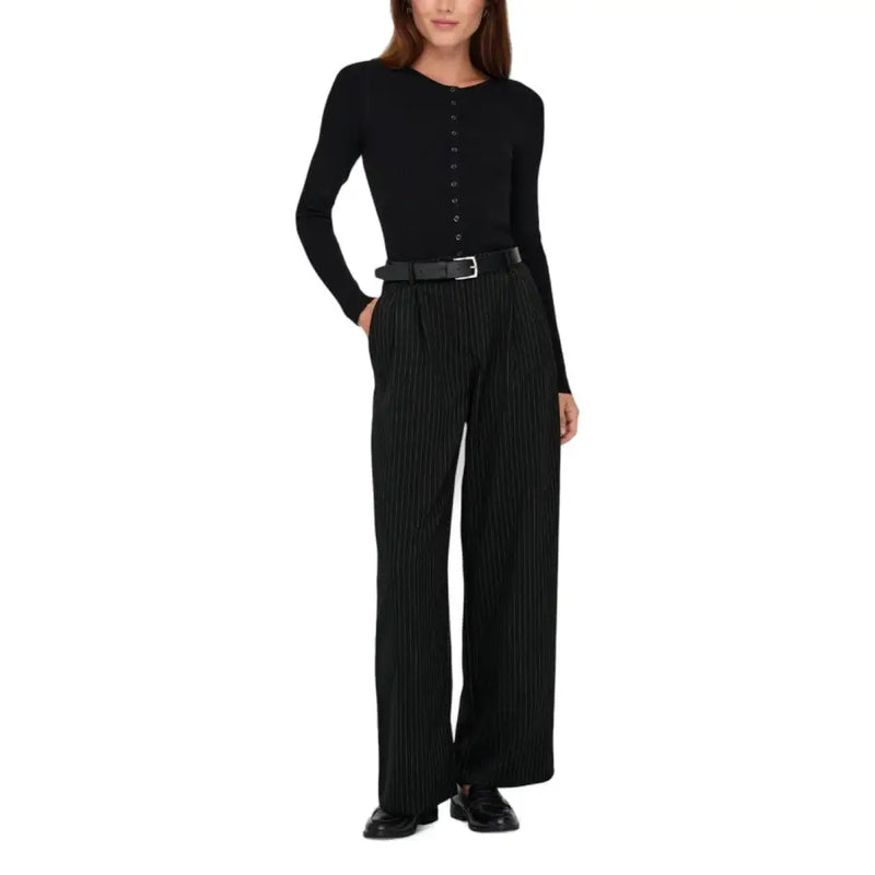 Black pinstripe wide-leg polyester trousers for women with tailored fit