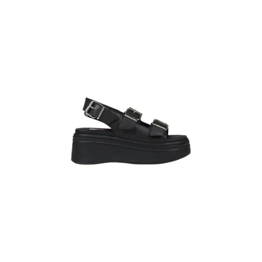 Black platform sandal with buckle straps displayed in the product Black Platform Sandal With Buckle Straps
