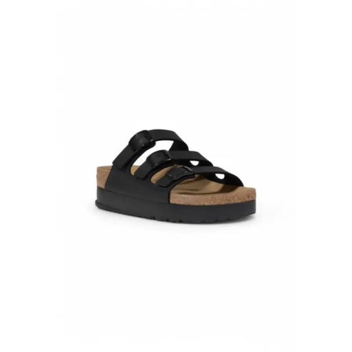 Black Three Strap Sandal with a platform heel and adjustable straps for comfortable wear
