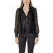 Black pleated blouse with sheer sleeves and button-front closure by Morgan De Toi